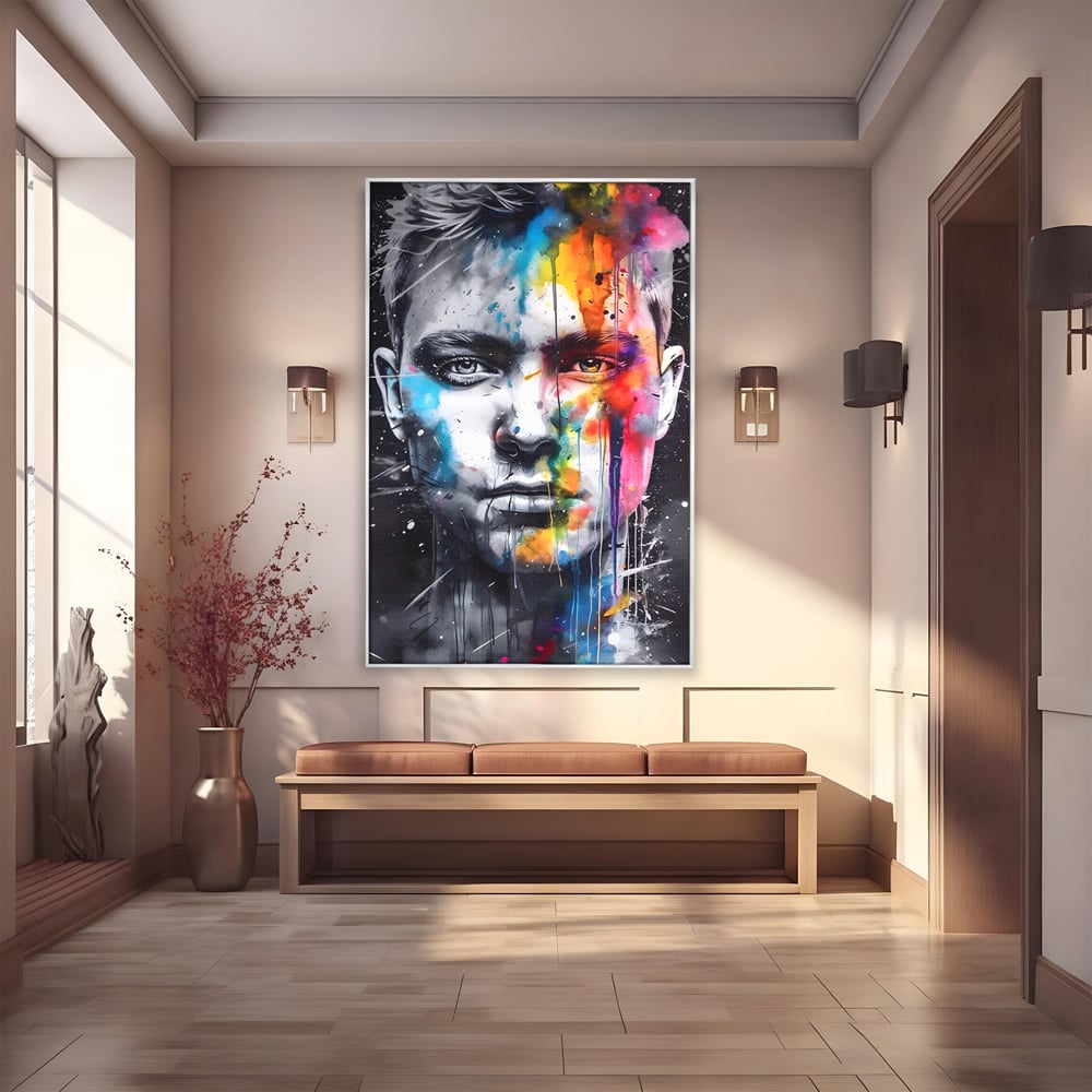 Tablou canvas cu tablou canvas portret barbat cu pete de culoare, in rama de aluminiu argintiu